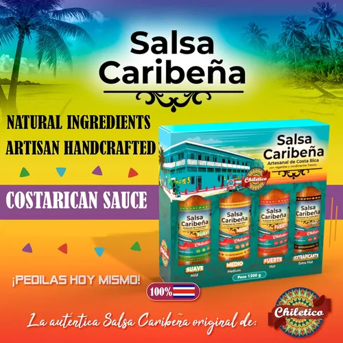 Vista 5 de Chiletico Salsa picante caribeña, nivel de calor medio hecho a mano desde Costa Rica con verduras frescas y especias naturales, sabor gourmet