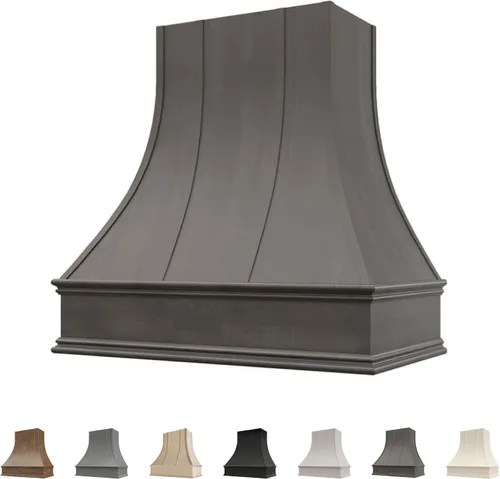 Vista 7 de Cubierta curvada para campana extractora de nogal americano con molduras decorativas, cubiertas de madera para campana extractora de pared, madera