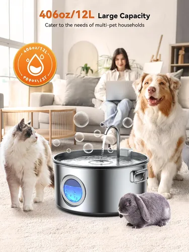 Vista 2 de Fuente de agua para perros grandes, fuente de agua de acero inoxidable de 3.2 galones/406 oz/12 L, dispensador de agua silencioso para perros