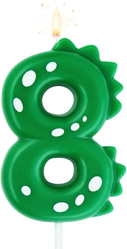 Vista 15 de Vela de cumpleaños verde 0, velas de dinosaurio de 2.76 pulgadas con número de fiesta temática para pastel