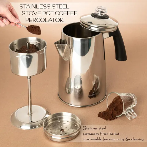 Vista 3 de Mixpresso - Estufa de café de acero inoxidable para 12 tazas 52 oz stainless steel percolator coffee pot for camping or home use, with cool-touch
