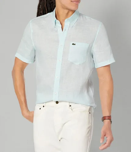Vista 7 de Lacoste Camisa casual de lino con botones y manga corta para hombre con bolsillo frontal