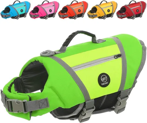 Vista 11 de EMUST Chaleco salvavidas para perro, chaqueta ligera con bolsillos, elegante preservador con asa de rescate y rayas reflectantes para nadar