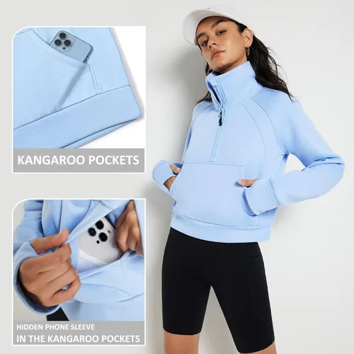 Vista 3 de BALEAF Women's Half Zip Sweatshirt Fleece Pullover Long Sleeve Stand Collar Crop Sweatshirts with Pockets Thumb Hole