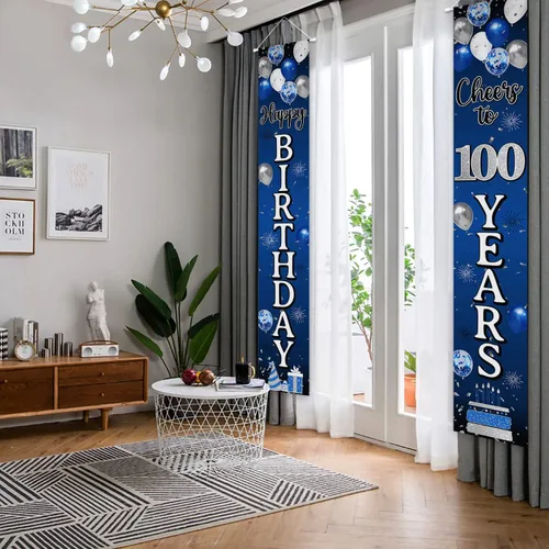 Vista 4 de Decoración de feliz cumpleaños número 100, globo azul y plateado para colgar en la puerta, cartel colgante para puerta – Suministros para fiesta