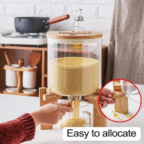 Vista 5 de Dispensador de arroz de 5 L, cubo de vidrio dispensador de granos, dispensador de cereales para cocina y organización de despensa, recipiente grande