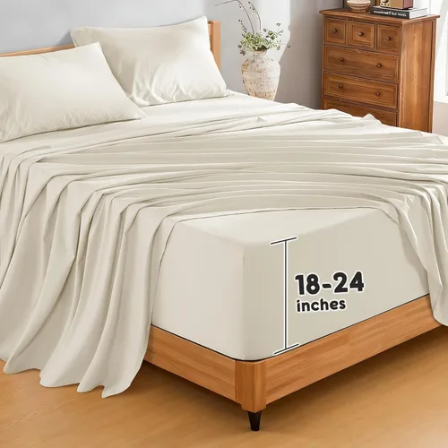 Vista 21 de SONORO KATE - Sábanas 100% de lino puro francés, transpirables y duraderas, antidesgarros, lavables a máquina, bolsillo profundo de 16 pulgadas, 4