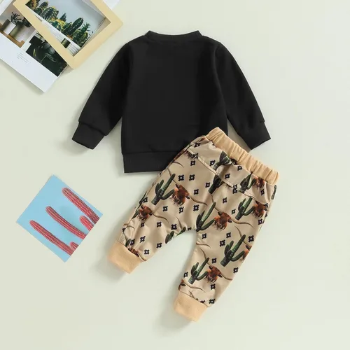 Vista 7 de Gueuusu Ropa occidental para bebé niño, sudadera con estampado de vaca, pantalones deportivos con cordón de ajuste, 2 piezas, trajes de otoño e