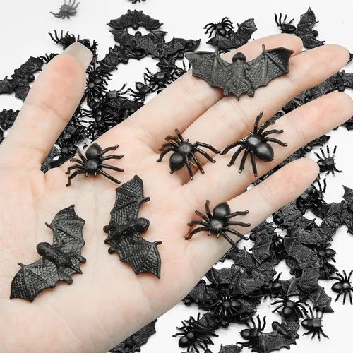 Vista 2 de 200 piezas de mini arañas murciélagos decoraciones de Halloween, incluye murciélagos de plástico y arañas falsas, broma espeluznante de miedo