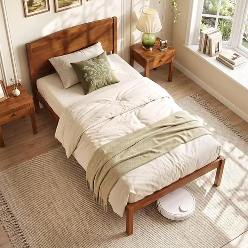 Vista 3 de GIANTEX Twin Size Wooden Bed Frame with Curved Headboard, Wood Slat Support