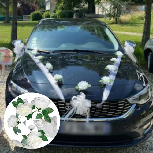 Vista 6 de ikasus Flores de automóvil de boda, flores artificiales, decoración de automóvil, lazos de cinta, accesorios de fotos florales para boda, automóvil