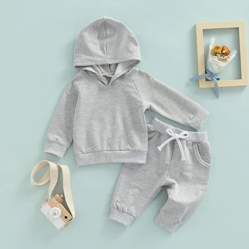 Vista 3 de Conjunto de sudadera de manga larga con capucha y pantalones con cordón para bebé y niña, ropa casual para otoño e invierno