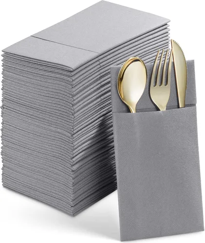 Vista 16 de Paquete de 50 servilletas desechables de lino con bolsillo integrado para cubiertos, tela preplegada azul como servilletas de papel para bodas