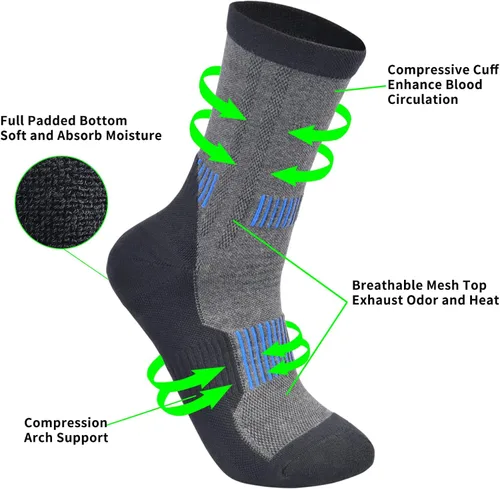 Vista 3 de WindCrosser Men's Padded Cushioned Anti Odor Compression Crew Mid Calf Cotton Hiking Trekking Socks