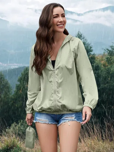 Vista 2 de PITINAN Chaqueta impermeable ligera para mujer, rompevientos con capucha, plegable, para mujer, para exteriores, con bolsillos