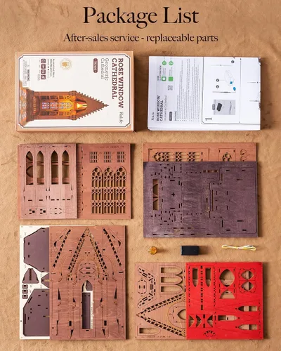 Vista 4 de Rolife Rompecabezas de madera 3D, modelo de arquitectura de catedral de geometría con luces LED, kit de construcción de manualidades para adultos