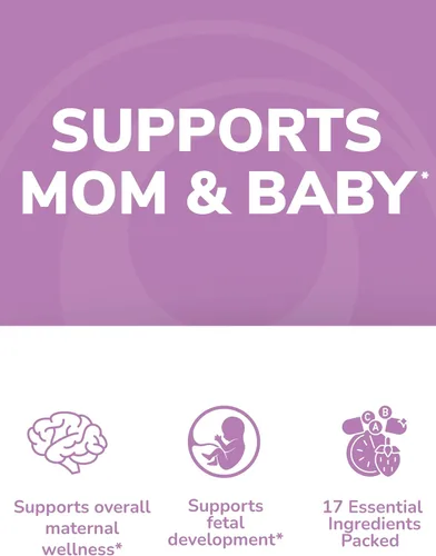 Vista 7 de Lunakai Vitaminas prenatales 17 en 1 fabricadas en Estados Unidos para mujeres con hierro y ácido fólico, deliciosas gomitas prenatales diarias