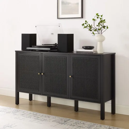 Vista 2 de Crosley Furniture Perry - Aparador de ratán moderno con armarios de almacenamiento, Credenza, soporte de TV, color negro