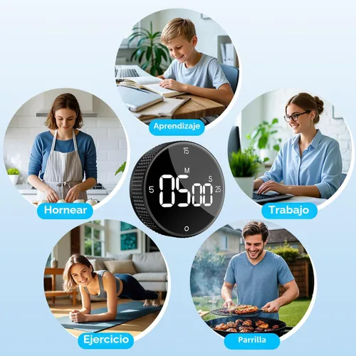 Vista 8 de Temporizador magnético de cocina para cocinar con alarma fuerte - Gran pantalla LED de cuenta atrás rotativa Pomodoro, preajuste de 5/15/25 minutos