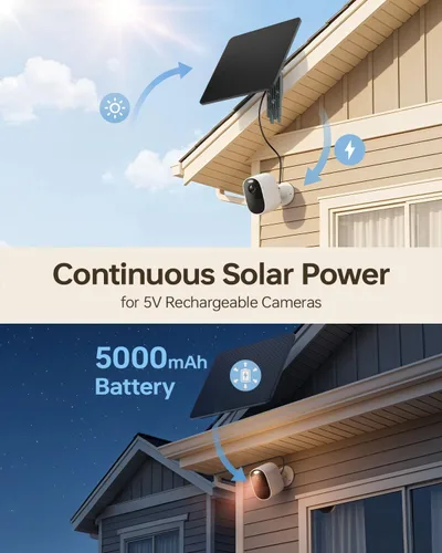 Vista 2 de KJK Panel solar de 6 W para cámara de anillo, cargador de panel solar de cámara de rastro con batería de 5000 mAh para cámara de juegos y cámara