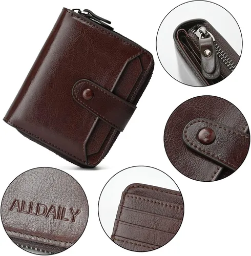 Vista 6 de Carteras pequeñas para mujer, con bloqueo RFID, de cuero, con cremallera, bolsillo para monedas, tarjetero, con ventana de identificación, Café
