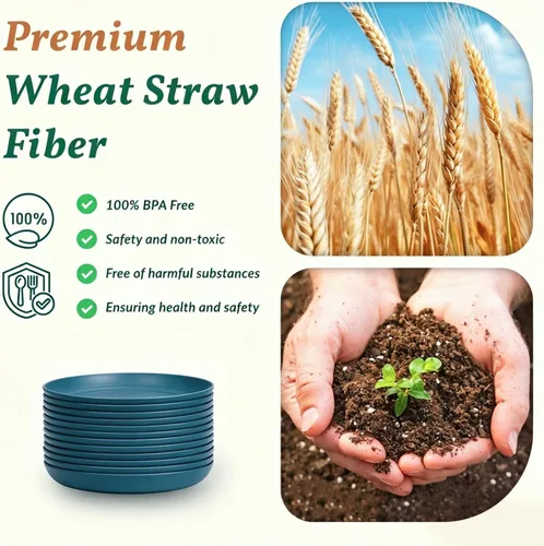 Vista 3 de Homienly Party Plates 12 PCS Wheat Straw Deep Plates 9 Inch Plastic Plates Alternative for Salad,Pizza,Hamburger,Unbreakable Kitchen Plates for