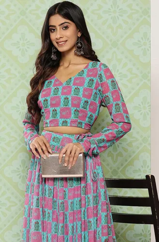 Vista 5 de Janasya Lehenga Choli estampado étnico digital de Georgette verde salvia para mujer