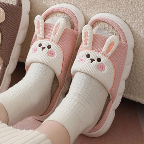Vista 6 de Aucomfo Pantuflas de lino, bonitas pantuflas de animales para mujeres y hombres, bonitas pantuflas de casa para mujeres, pantuflas de casa kawaii