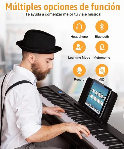Vista 7 de KONIX Teclado de piano plegable, 88 teclas, tamaño completo, teclado plegable semiponderado, teclado electrónico portátil Bluetooth con soporte