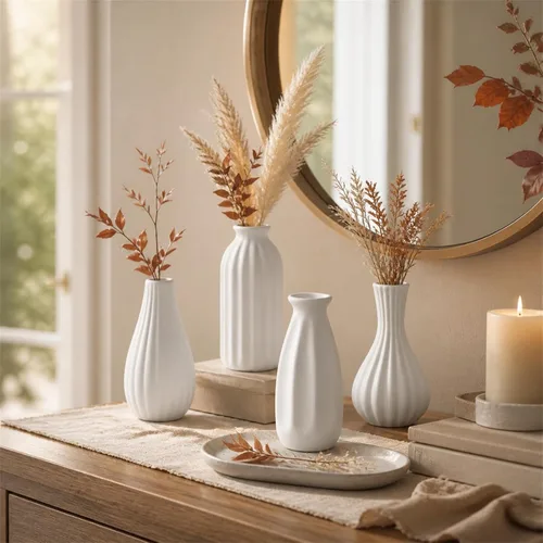 Vista 3 de Jarrón de cerámica blanca para decoración de mesa: jarrones pequeños de NUPTIO para flores, centro de mesa, decoración de mesa para Navidad, hogar