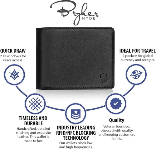 Vista 3 de Bryker Hyde - Billetera para hombre con protección de RFID, doble tapa, para 1 o 2 tarjetas de identificación, capacidad extra, billetera de viaje