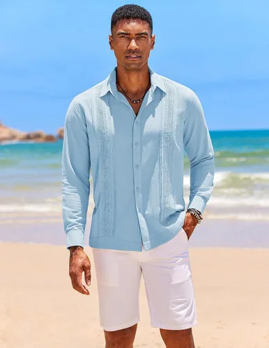 Vista 2 de COOFANDY Men's Cuban Guayabera Shirts Long Sleeve Casual Button Down Shirt Cotton Beach Tops