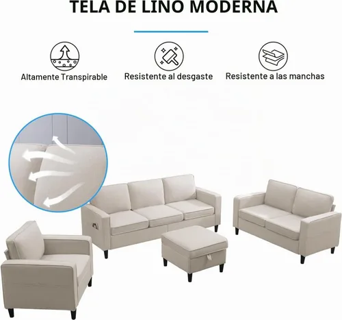 Vista 6 de PUREMIND Juego de 3 sofás de sala de estar, moderno sofá de 3 plazas con otomana, sofá biplaza y sillón, tela de lino en forma de L, juego de 3