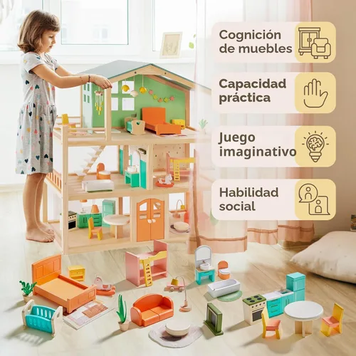 Vista 2 de Juego de muebles de casa de muñecas de madera gigante de 26 piezas Kitchen, Living Room, Bedroom, Bathroom, Babyroom, Candy Dollhouse Accessories