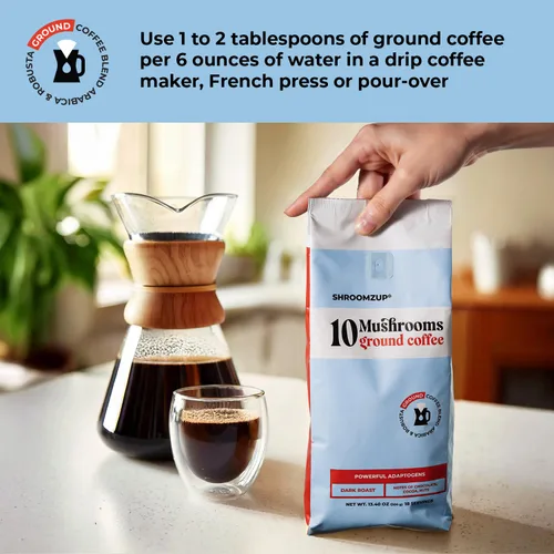 Vista 5 de Shroomzup Café de hongos molidos para preparar – 10 hongos tostado oscuro – melena de león, reishi, chaga, cola de pavo, cordyceps, café de hongos