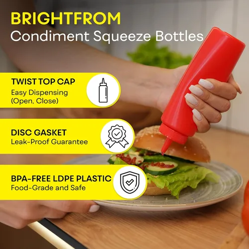 Vista 2 de BRIGHTFROM Botellas exprimibles para condimentos, botella vacía roja de 8 onzas con cuello ancho, ideal para salsa de tomate, mostaza, jarabe