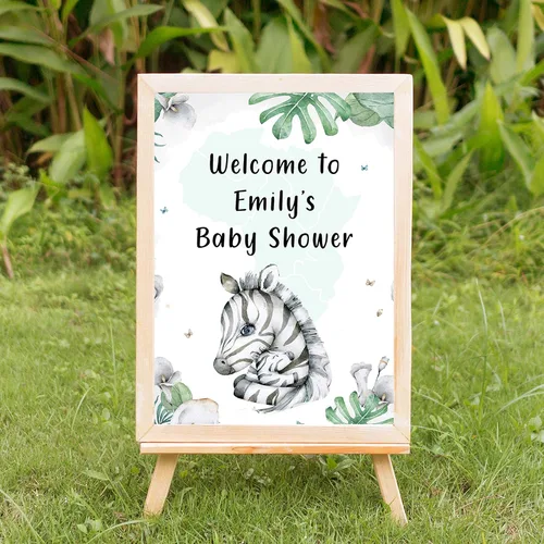 Vista 2 de Greenery zebra watercolor baby shower welcome sign photo paper