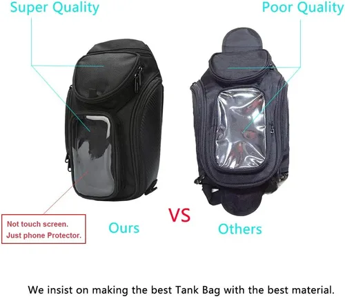 Vista 5 de Bolsa universal impermeable para tanque de motocicleta, cuenta con una ventanilla transparente y fuertes imanes para adherirse al tanque de su