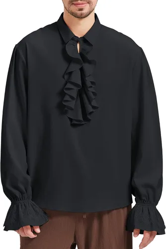 Vista 3 de Zando Camisa pirata para hombre, disfraz de feria renacentista, medieval, vampiro, victoriano, steampunk, vikingo, Halloween, cosplay