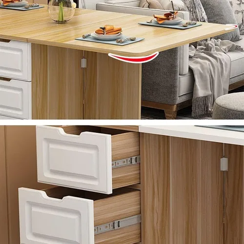 Vista 3 de Mesa de comedor plegable, rectangular de madera maciza, mesa de comedor versátil con ruedas y estantes de almacenamiento, ahorro de espacio