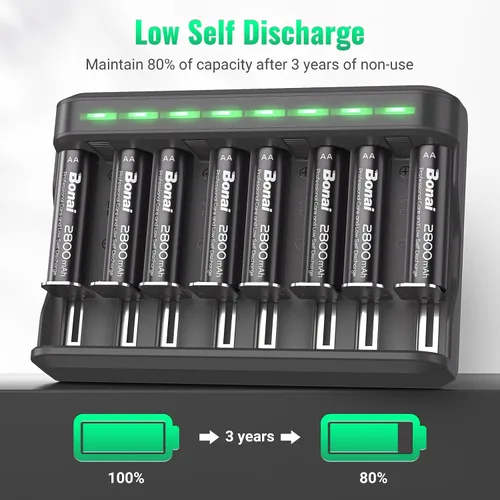 Vista 4 de BONAI Baterías recargables AA 2800mAh 8pack con cargador inteligente para AA AAA C D NiMH batería