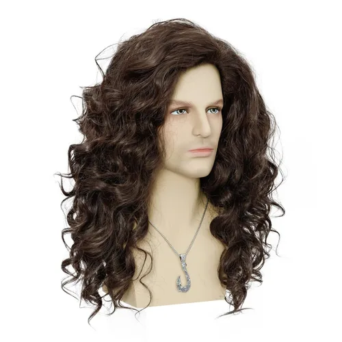 Vista 2 de Peluca larga y rizada de color marrón oscuro para hombre con collar para disfraz de cosplay, peluca de fiesta de Halloween