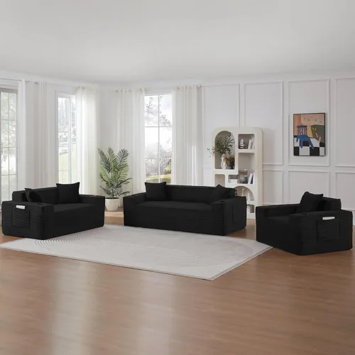 Vista 36 de Sofá sin hueso de 66.5 pulgadas con portavasos y bolsillos laterales, sofá biplaza tapizado de tela de pana moderna con 2 almohadas para sala