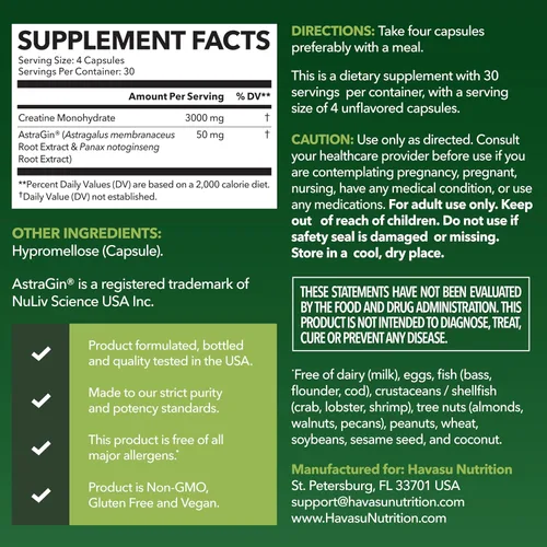 Vista 2 de Cápsulas de monohidrato de creatina micronizada con AstraGin - Apoya la fuerza muscular, la energía y la recuperación - 120 unidades - Fórmula