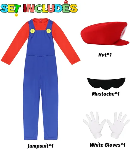 Vista 3 de BOMLY Disfraz de Super Mario para niños, disfraz de fontanero de Halloween con accesorio