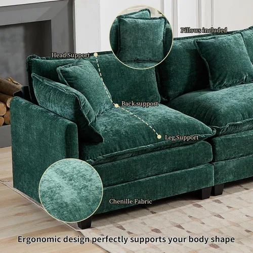 Vista 7 de Sofá seccional modular verde de 111.5", sofás seccionales grandes de 3 plazas para sala de estar, sofá nube oversized de tela chenille con otomana