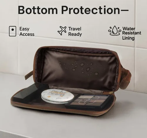 Vista 5 de Neceser de cuero para hombre - Kit Dopp para viajes, afeitado, viajes nocturnos, Marrón, M