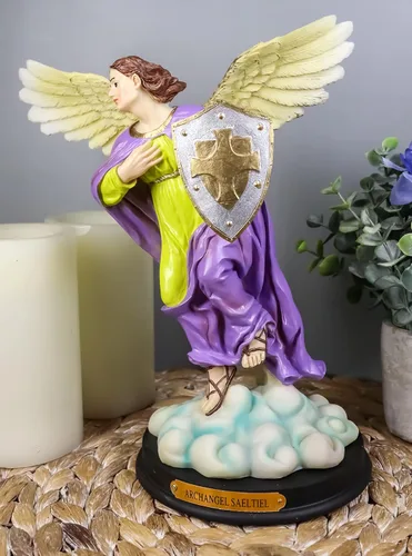 Vista 2 de Ebros Santo Arcángel Santo Selaphiel Sealtiel Llevando Escudo de Fe Estatua con Placa de Nombre de Latón 10 pulgadas de alto Ángel Selaphiel