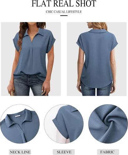Vista 3 de Messic Womens Short Sleeve Blouses Collared V Neck Shirts Chiffon Summer Business Casual Tops