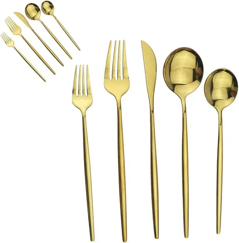 Vista 20 de Juego de cubiertos de 10 piezas – Utensilios de acero inoxidable 304 negro, tenedores, cucharas, cuchillos – Cubertería pulido espejo para 2